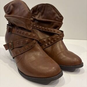 Maurices Ankle Boots Wedge Heel Brown Faux Leather Double Buckle Womens Size 11‎